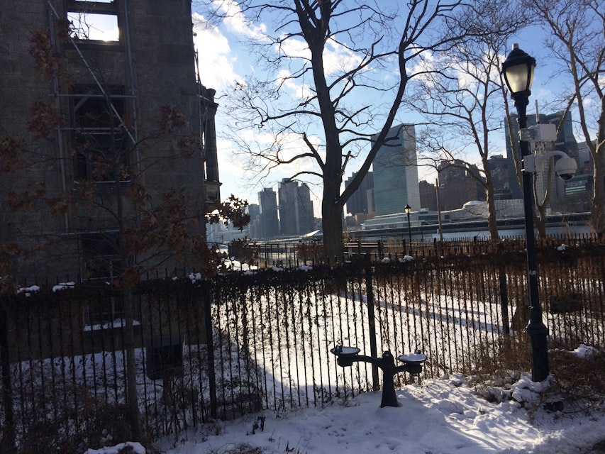 A view of the Renwick Ruin with the Manhattan skyline in the background.