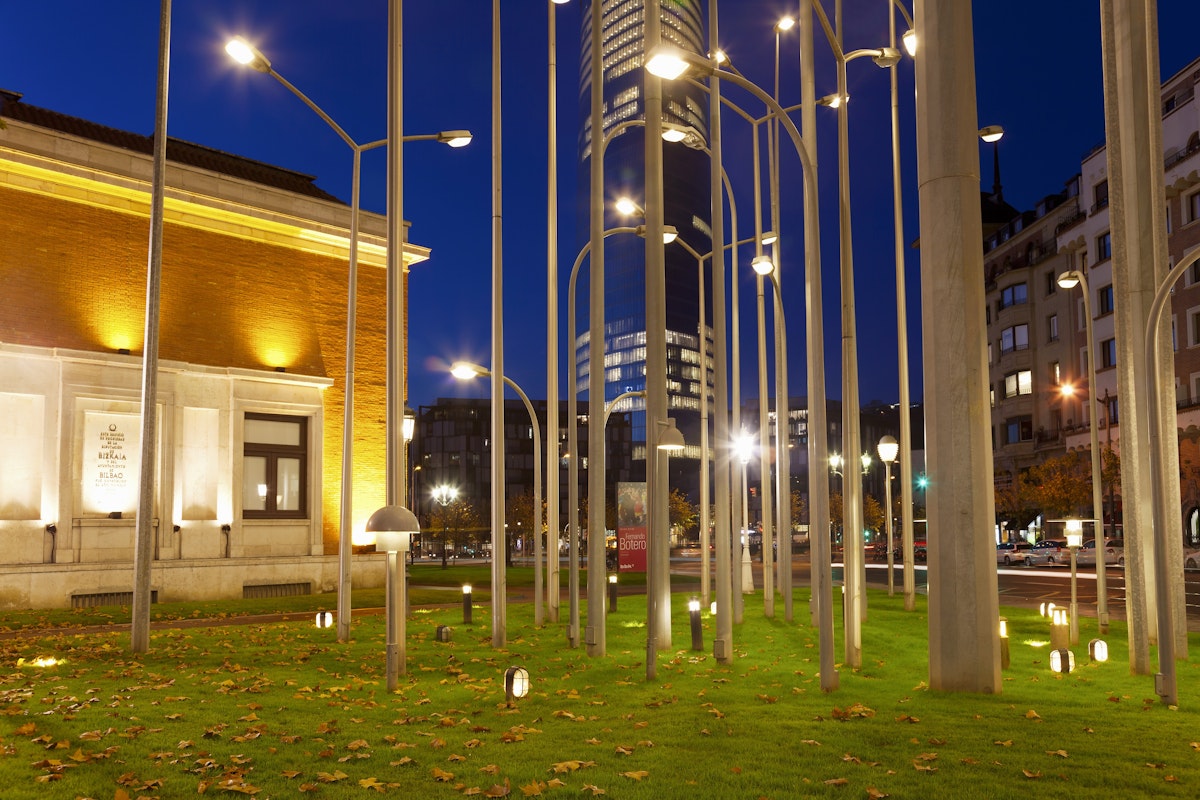 Streetlamp forest beside the Fine Arts Museum, Bilbao, Bizkaia, Basque Country, Spain