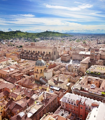 Overview of medieval cityscape of historic Bologna.