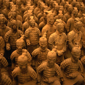 Excavated terracotta warriors guarding the mausoleum of Emperor Qin.