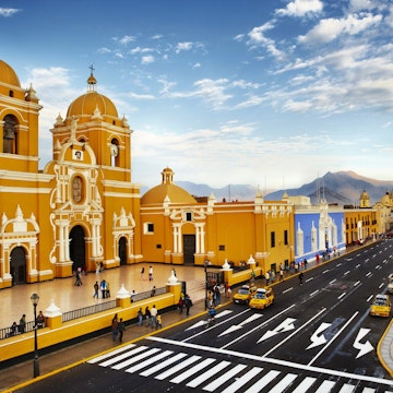Overview of colonial era Trujillo Cathedral and Plaza Mayor.