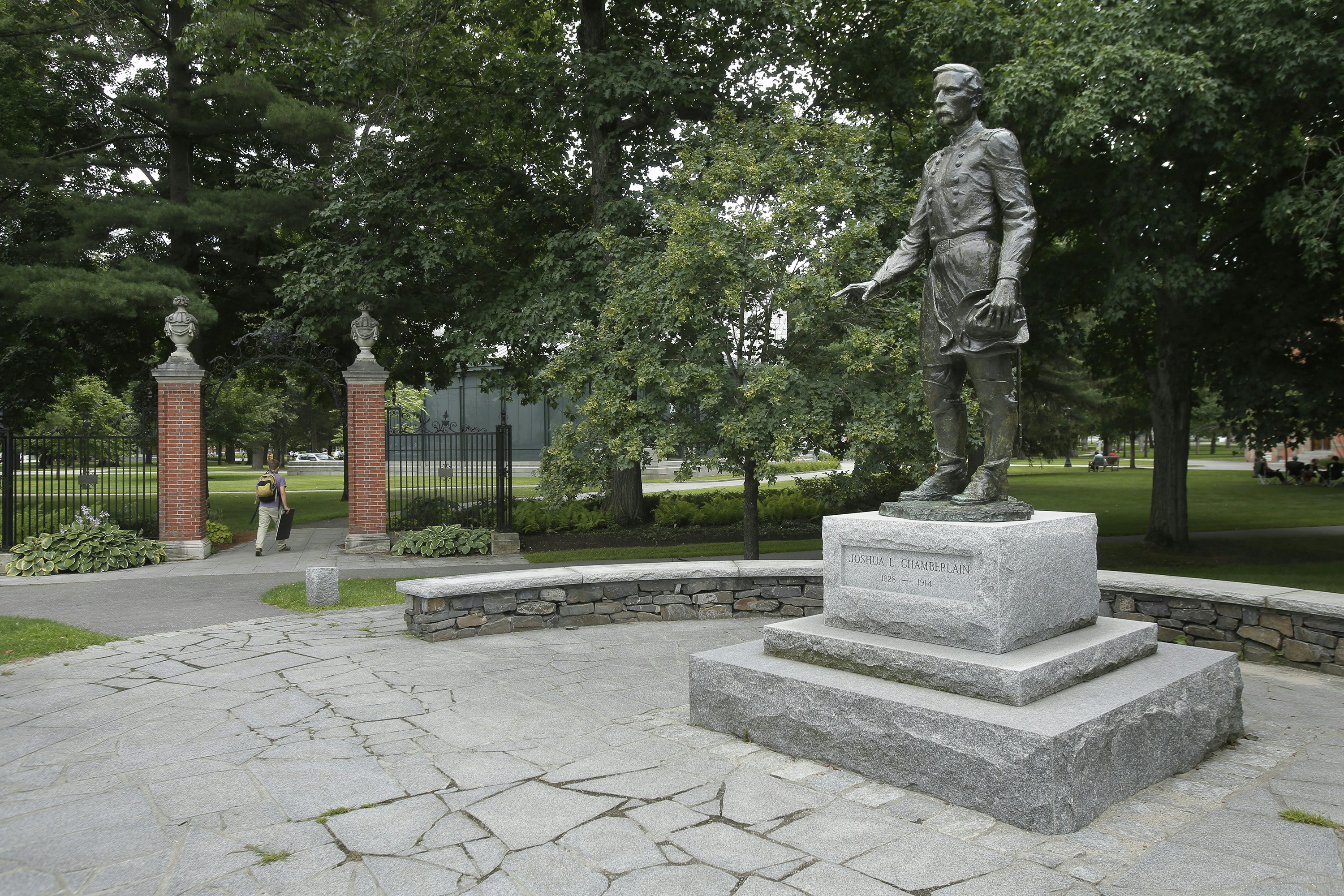 BRUNSWICK, ME - AUGUST 6: Six sculptures worth seeing in the midcoast area, including a Joshua Chamberlain statue at the entrance to the Bowdoin campus in Brunswick. (Photo by Gregory Rec/Portland Press Herald via Getty Images)