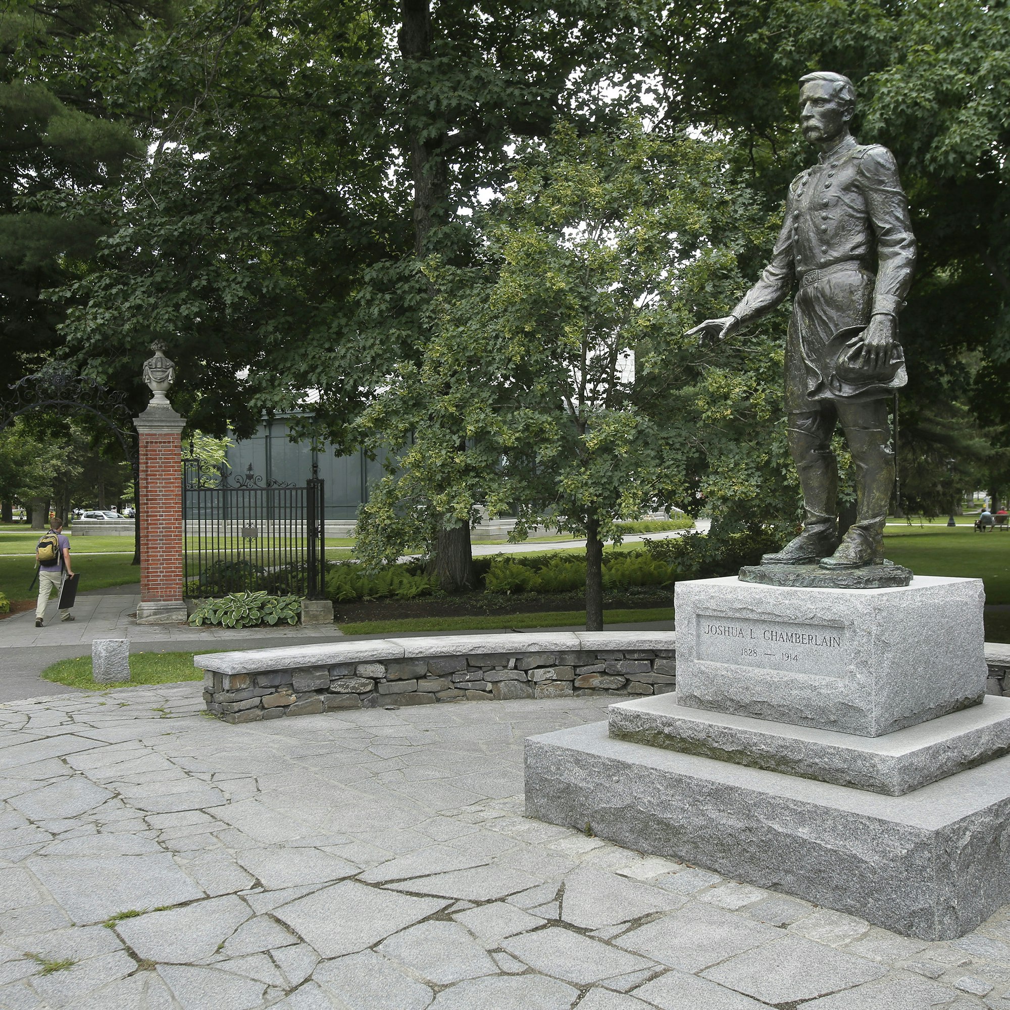 BRUNSWICK, ME - AUGUST 6: Six sculptures worth seeing in the midcoast area, including a Joshua Chamberlain statue at the entrance to the Bowdoin campus in Brunswick. (Photo by Gregory Rec/Portland Press Herald via Getty Images)