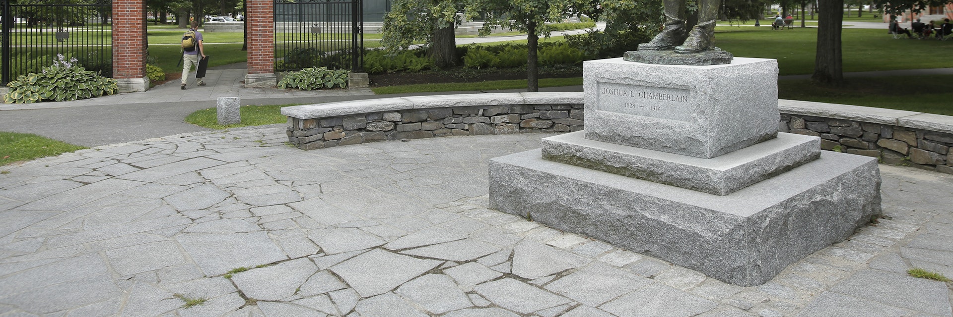 BRUNSWICK, ME - AUGUST 6: Six sculptures worth seeing in the midcoast area, including a Joshua Chamberlain statue at the entrance to the Bowdoin campus in Brunswick. (Photo by Gregory Rec/Portland Press Herald via Getty Images)