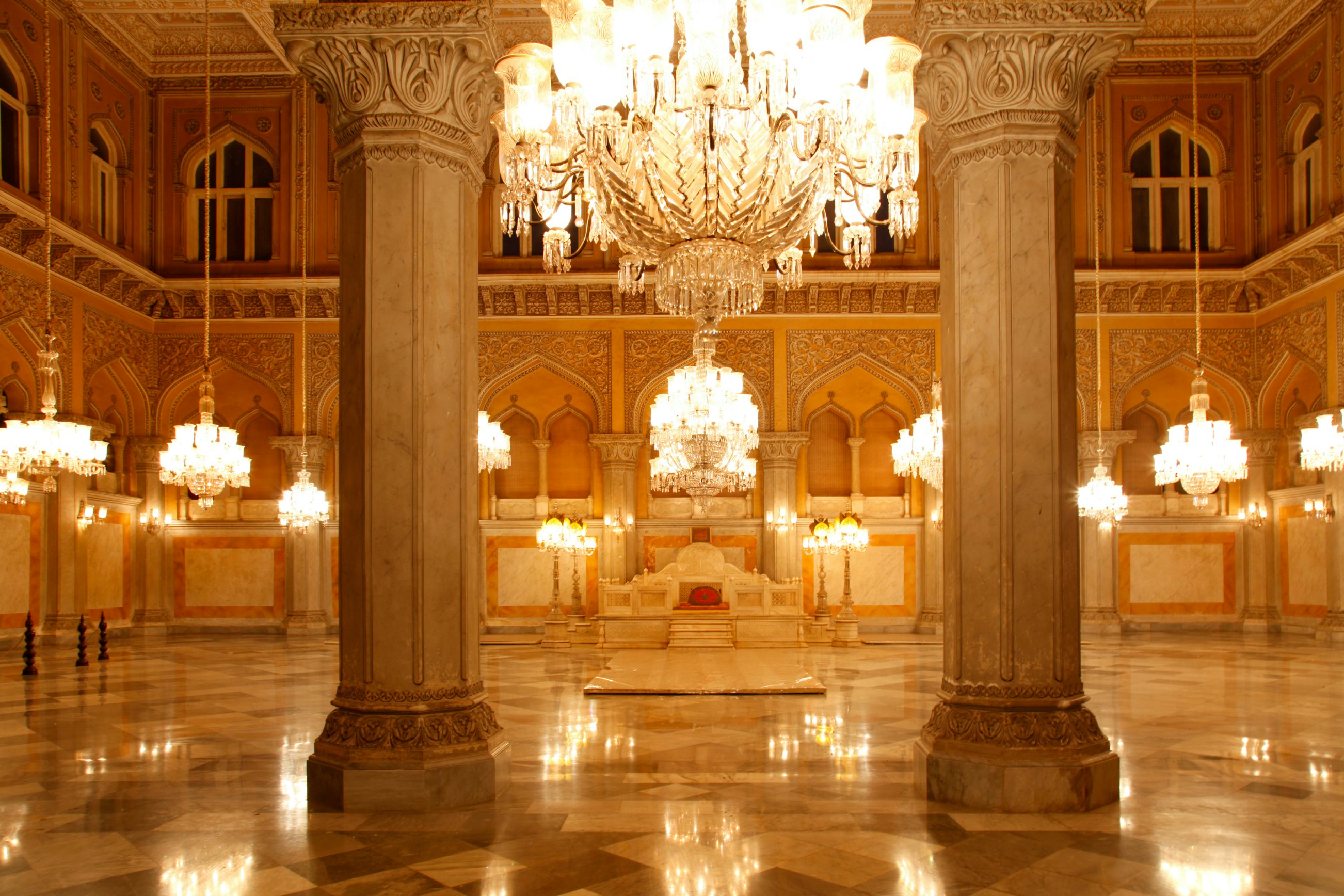 [UNVERIFIED CONTENT] The grand pillared Durbar Hall of Khilwat Mubarak, Chowmahalla Palace (or Chowmahallat), Hyderabad, Andhra Pradesh, India. The Hall features the marble platform on which the Takht-e-Nishan or the royal seat was laid and 19 spectacular crystal chandeliers. Chowmahalla Palace is a UNESCO World Heritage site.