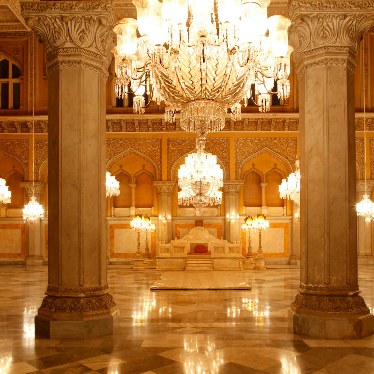 [UNVERIFIED CONTENT] The grand pillared Durbar Hall of Khilwat Mubarak, Chowmahalla Palace (or Chowmahallat), Hyderabad, Andhra Pradesh, India. The Hall features the marble platform on which the Takht-e-Nishan or the royal seat was laid and 19 spectacular crystal chandeliers. Chowmahalla Palace is a UNESCO World Heritage site.