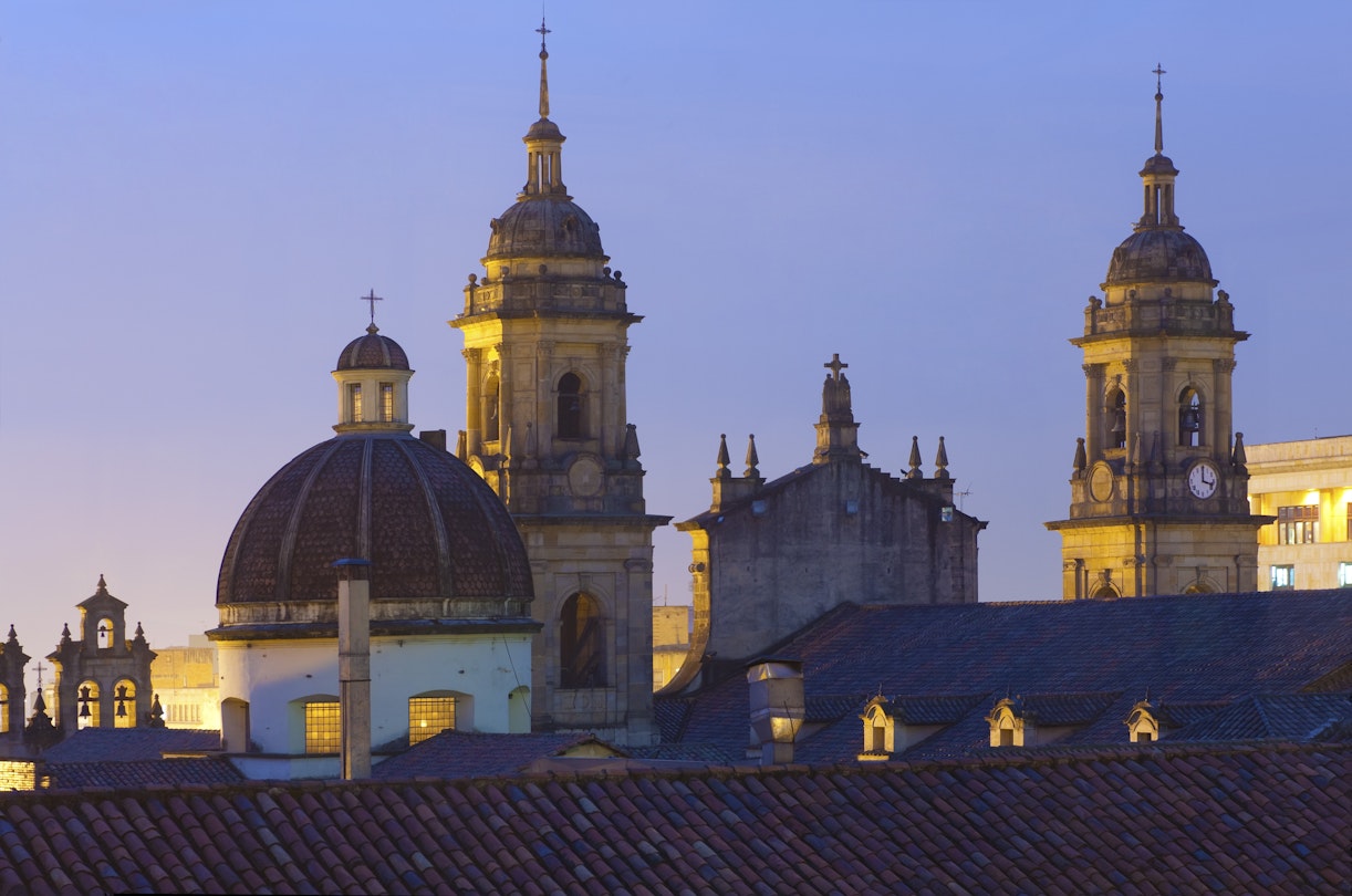 Colombia, Bogota, Towers of the Catedral Primada, Dome and Belfry of the Capilla del Sagrario, Plaza de Bolivar