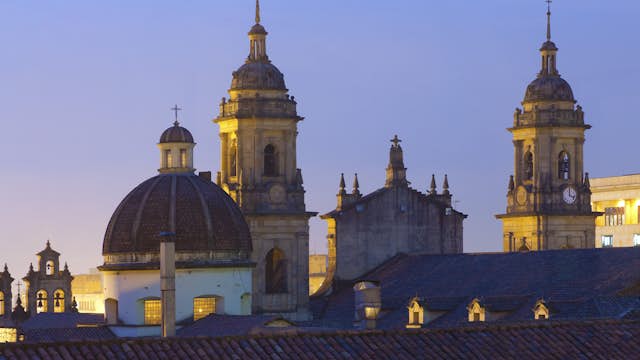 Colombia, Bogota, Towers of the Catedral Primada, Dome and Belfry of the Capilla del Sagrario, Plaza de Bolivar
