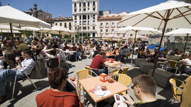 Open-air cafes on Plaza de Santa Ana.