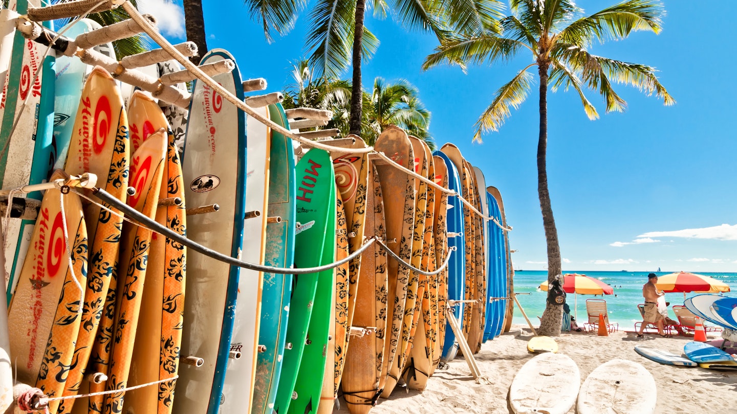HONOLULU, HAWAII - SEPTEMBER 7, 2013: Surfboards lined up in the rack at famous Waikiki Beach in Honolulu. Oahu, Hawaii. ; Shutterstock ID 174876656; Your name (First / Last): Jennifer; Project no. or GL code: P01373 ; Network activity no. or Cost Centre: 4042426; Product or Project: Hawaii 12
