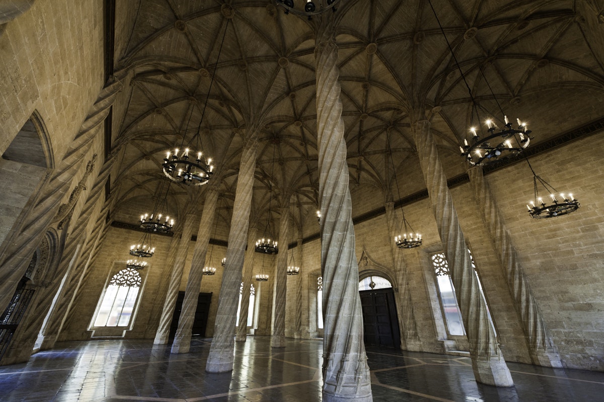 "The slender gothic columns and renaissance vaulted ceiling the the Lonja de la Seda, the Silk Exchange, UNESCO World Heritage Site in the heart of Valencia's old town, Spain. ProPhoto RGB profile for maximum color fidelity and gamut. NB: Slightly grainy ISO 800 image."
