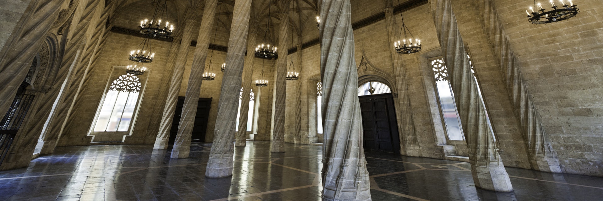 "The slender gothic columns and renaissance vaulted ceiling the the Lonja de la Seda, the Silk Exchange, UNESCO World Heritage Site in the heart of Valencia's old town, Spain. ProPhoto RGB profile for maximum color fidelity and gamut. NB: Slightly grainy ISO 800 image."
