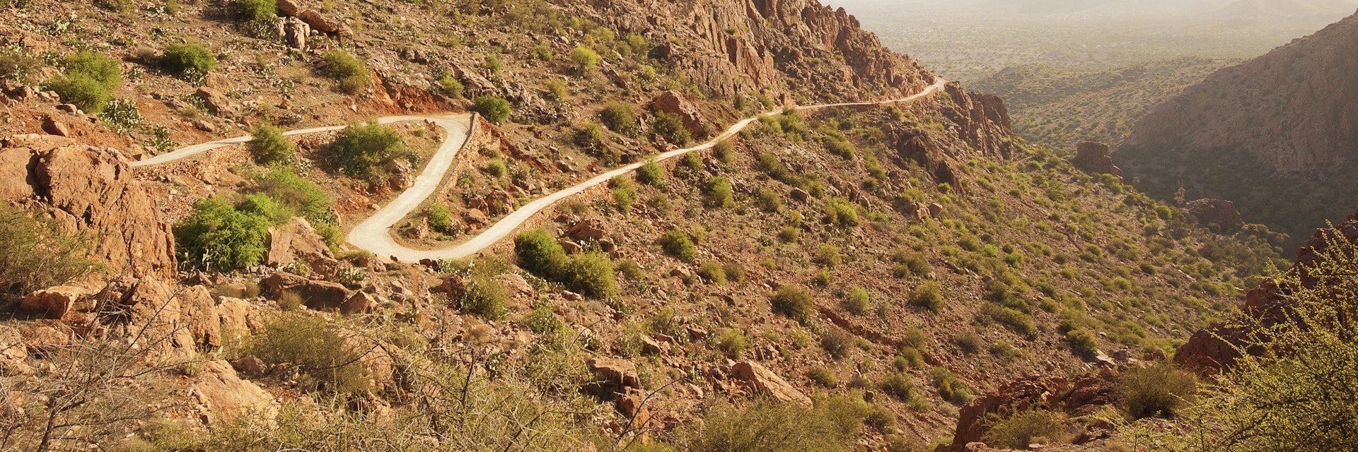 Winding trail through Anti Atlas mountains from Tafraout to Tagdicht.