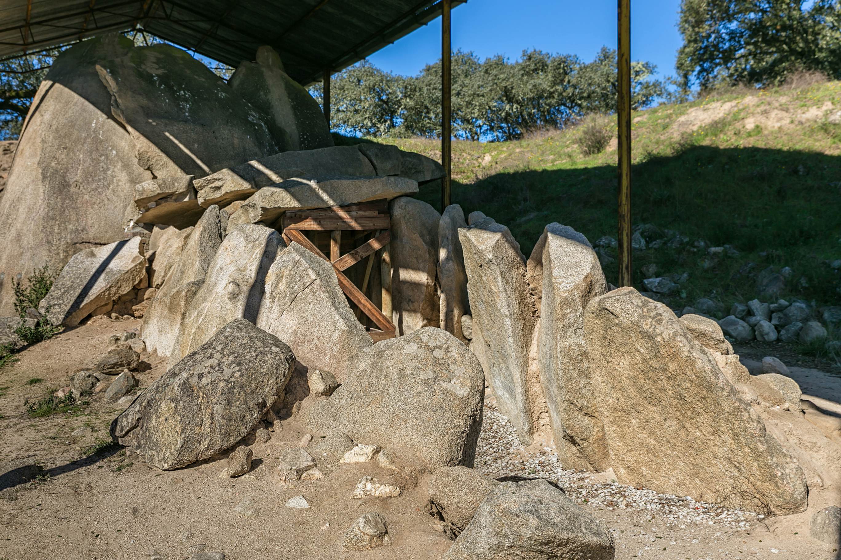 Great Dolmen of Zambujeiro. Portuguese: Anta Grande do Zambujeiro, is a megalithic monument located in Nossa Senhora da Tourega, near Valverde, in the municipality of Evora.; Shutterstock ID 553023091; Your name (First / Last): Tom Stainer; GL account no.: 65050 ; Netsuite department name: Online Editorial ; Full Product or Project name including edition: Best in Europe 2017