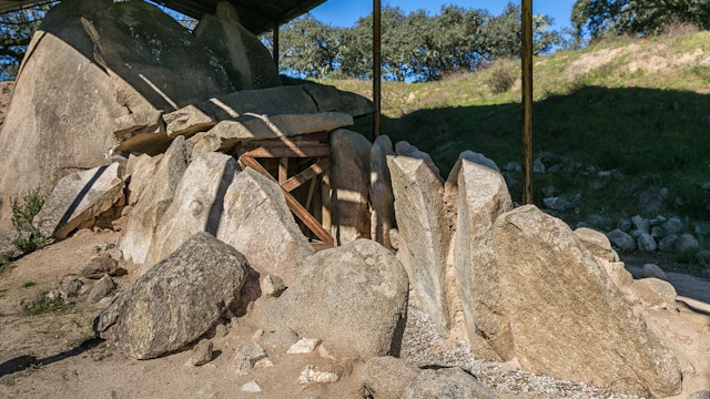 Great Dolmen of Zambujeiro. Portuguese: Anta Grande do Zambujeiro, is a megalithic monument located in Nossa Senhora da Tourega, near Valverde, in the municipality of Evora.; Shutterstock ID 553023091; Your name (First / Last): Tom Stainer; GL account no.: 65050 ; Netsuite department name: Online Editorial ; Full Product or Project name including edition: Best in Europe 2017