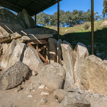Great Dolmen of Zambujeiro. Portuguese: Anta Grande do Zambujeiro, is a megalithic monument located in Nossa Senhora da Tourega, near Valverde, in the municipality of Evora.; Shutterstock ID 553023091; Your name (First / Last): Tom Stainer; GL account no.: 65050 ; Netsuite department name: Online Editorial ; Full Product or Project name including edition: Best in Europe 2017