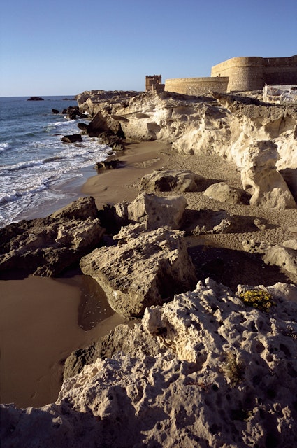 Castle of San Felipe. Los Escullos. Cabo de Gata. Almeria Cliffs and Battery of San Felipe, fortification built in the XVIII century to defend the coast of the attack of the pirates