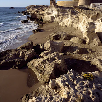 Castle of San Felipe. Los Escullos. Cabo de Gata. Almeria Cliffs and Battery of San Felipe, fortification built in the XVIII century to defend the coast of the attack of the pirates