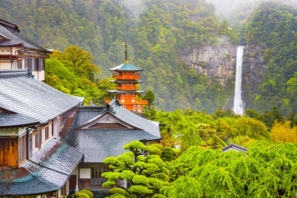 Nachi, Japan at the pagoda of Seigantoji and Nachi no Taki waterfall.; Shutterstock ID 693876538; Your name (First / Last): Laura Crawford; GL account no.: 65050; Netsuite department name: Online Editorial; Full Product or Project name including edition: Kii Peninsula page online images for BiT