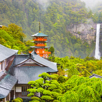 Nachi, Japan at the pagoda of Seigantoji and Nachi no Taki waterfall.; Shutterstock ID 693876538; Your name (First / Last): Laura Crawford; GL account no.: 65050; Netsuite department name: Online Editorial; Full Product or Project name including edition: Kii Peninsula page online images for BiT