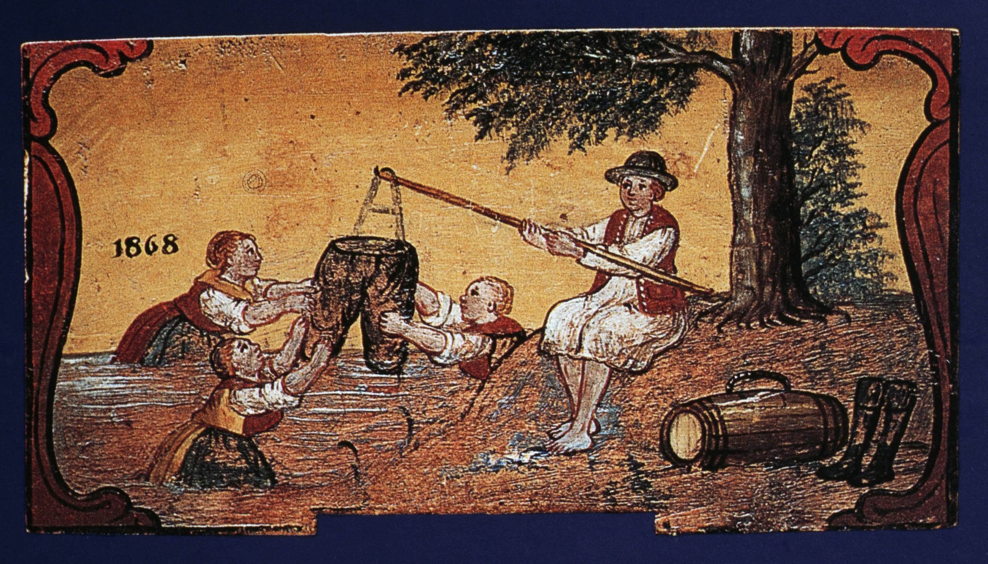 SLOVENIA - JANUARY 11: Panel of a painted hive, 1837. Slovenia, 19th century. Radovljica, Cebelarski Muzej Radovljica (Museo Dell'Apicoltura) (Photo by DeAgostini/Getty Images)