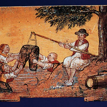 SLOVENIA - JANUARY 11: Panel of a painted hive, 1837. Slovenia, 19th century. Radovljica, Cebelarski Muzej Radovljica (Museo Dell'Apicoltura) (Photo by DeAgostini/Getty Images)