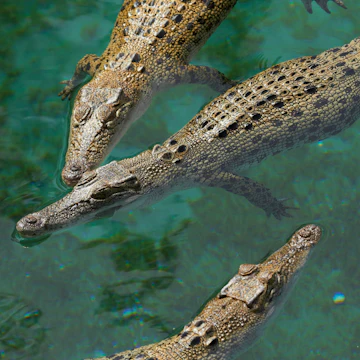 Saltwater crocodiles (Crocodylus porosus) lounging in pool at Crocosaurus Cove.