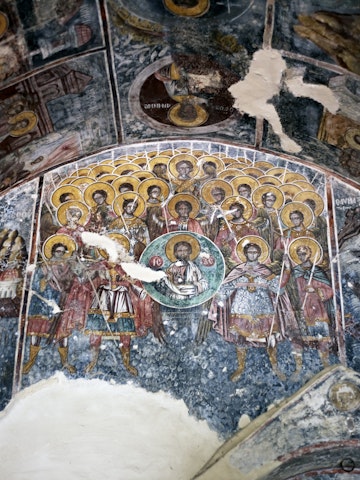 Byzantine frescoes on ceiling of Convent of Pantanassa.