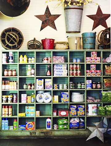 Shelves stocked with goods for sale at Dry Creek General Store.
