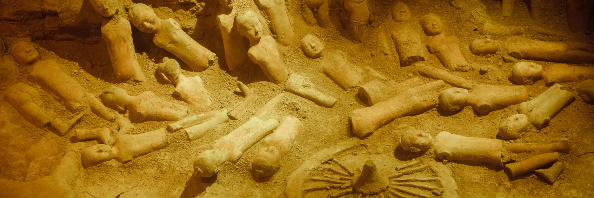 Terracotta figures at the Han Dynasty Tomb of Han Yang Ling, Xian, China.