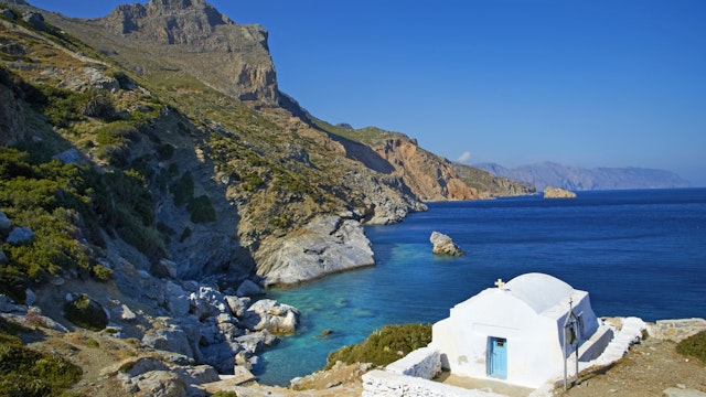 Beach and church, Agia Anna, Amorgos, Cyclades, Aegean, Greek Islands, Greece, Europe