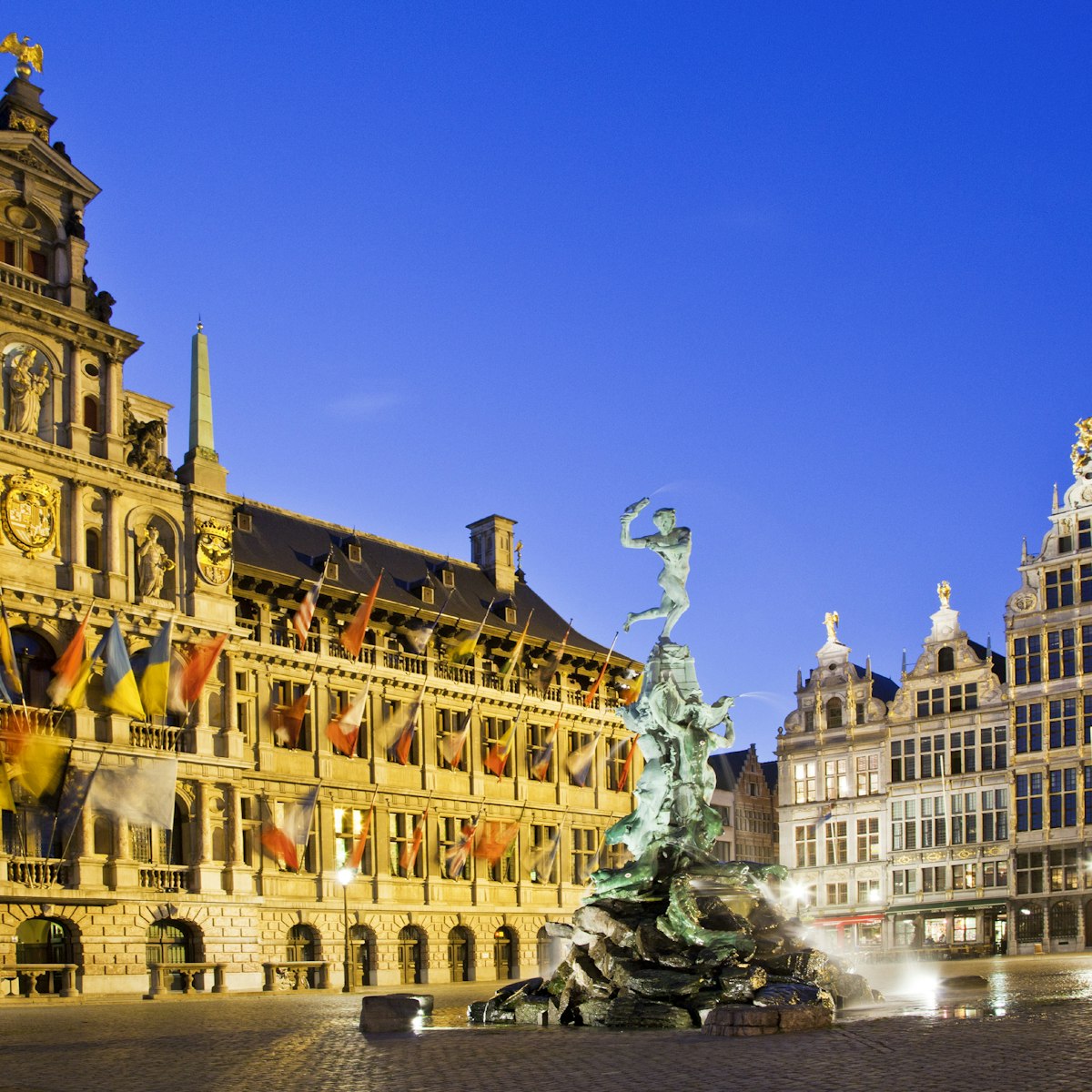 Brabo fountain and medieval houses in the Grote Martk in Antwerp. (Photo by: Loop Images/UIG via Getty Images)