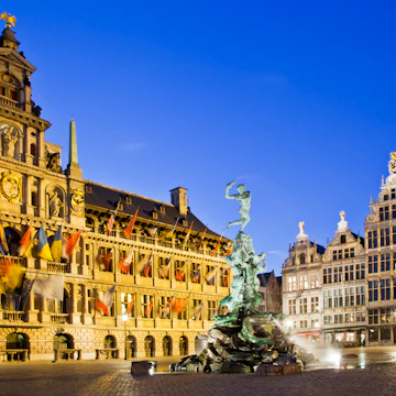 Brabo fountain and medieval houses in the Grote Martk in Antwerp. (Photo by: Loop Images/UIG via Getty Images)