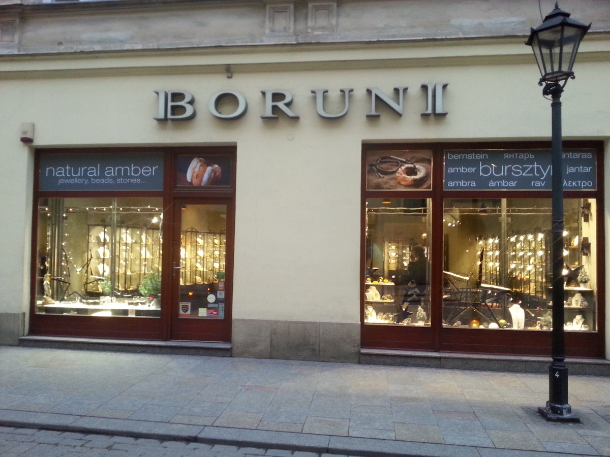 Boruni Amber Museum, double window display of jewellery and gems.