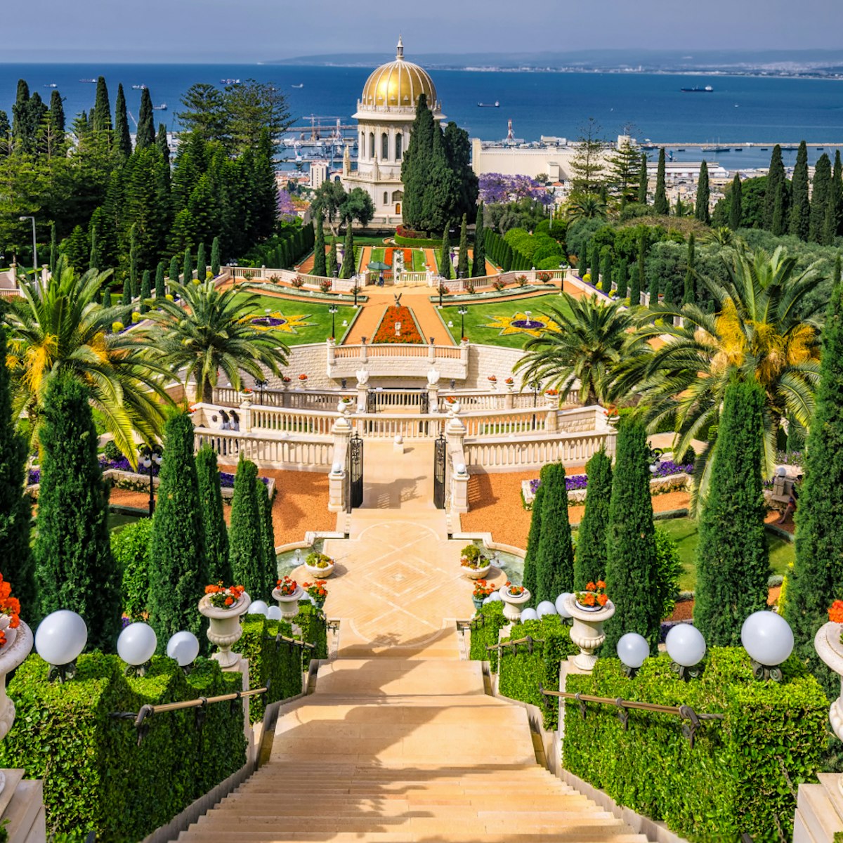 Bahai gardens and temple on the slopes of the Carmel Mountain and view of the Mediterranean Sea and bay of Haifa city, Israel; Shutterstock ID 488223073; Your name (First / Last): Lauren Keith; GL account no.: 65050; Netsuite department name: Online Editorial; Full Product or Project name including edition: Israel Update 2017