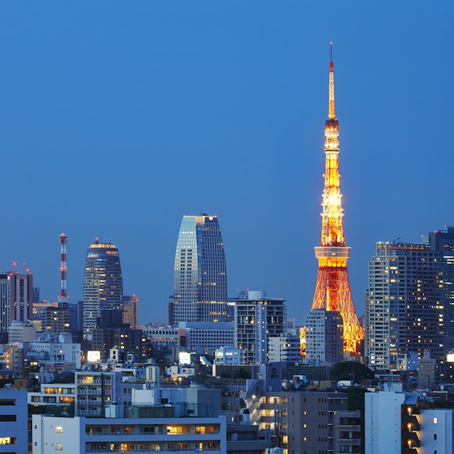 Tokyo Tower and skyline at dusk, Tokyo, Japan