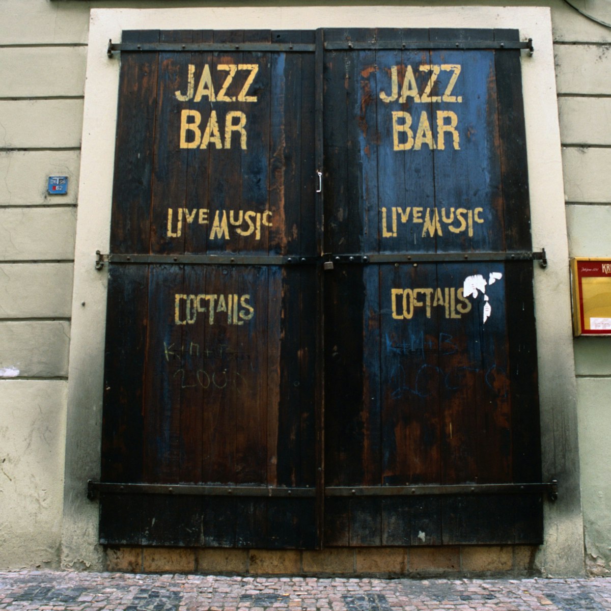 Closed shutters on the Blue Light Jazz Bar in Mala Strana, Prague.