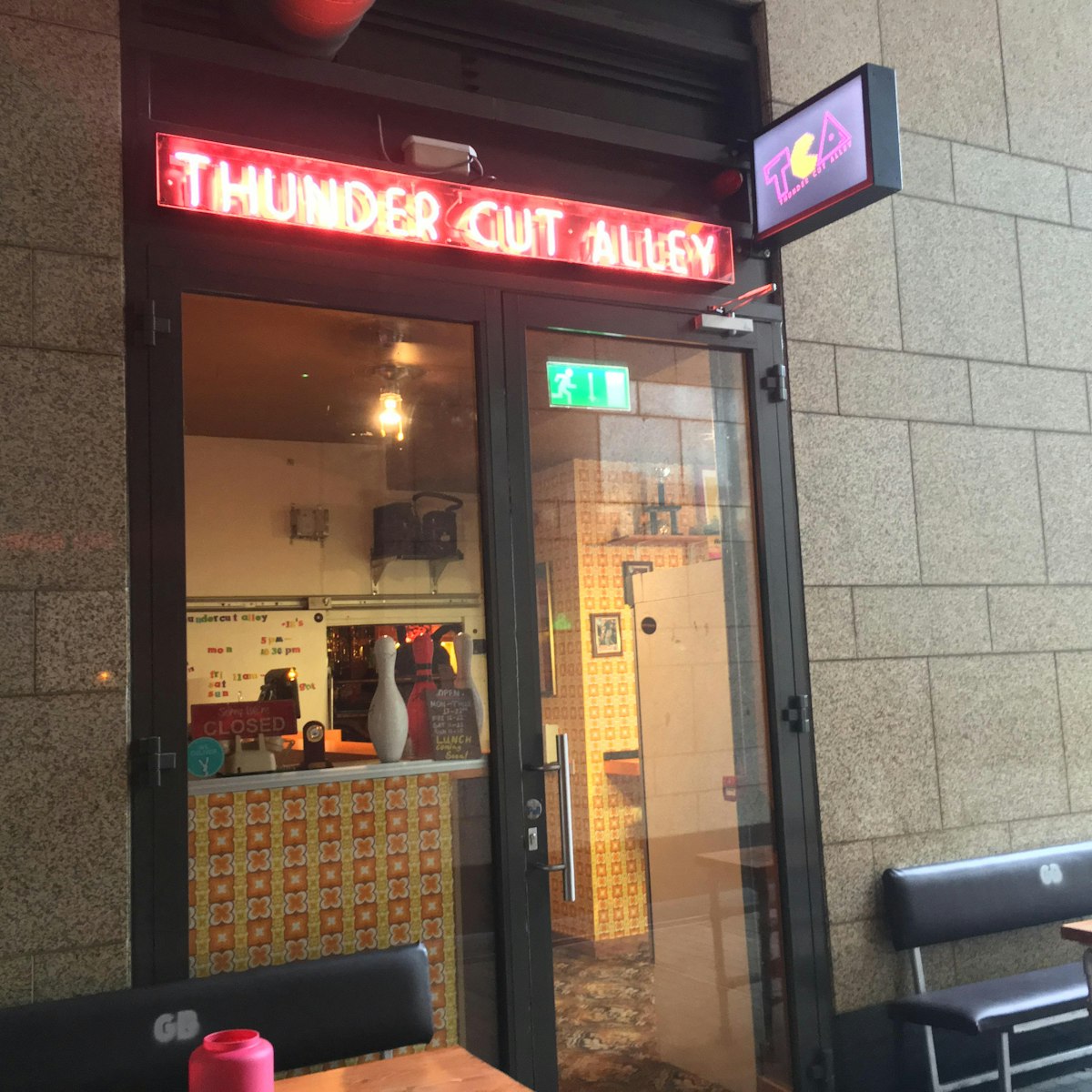 The 80's inspired entrance to Thundercut Alley