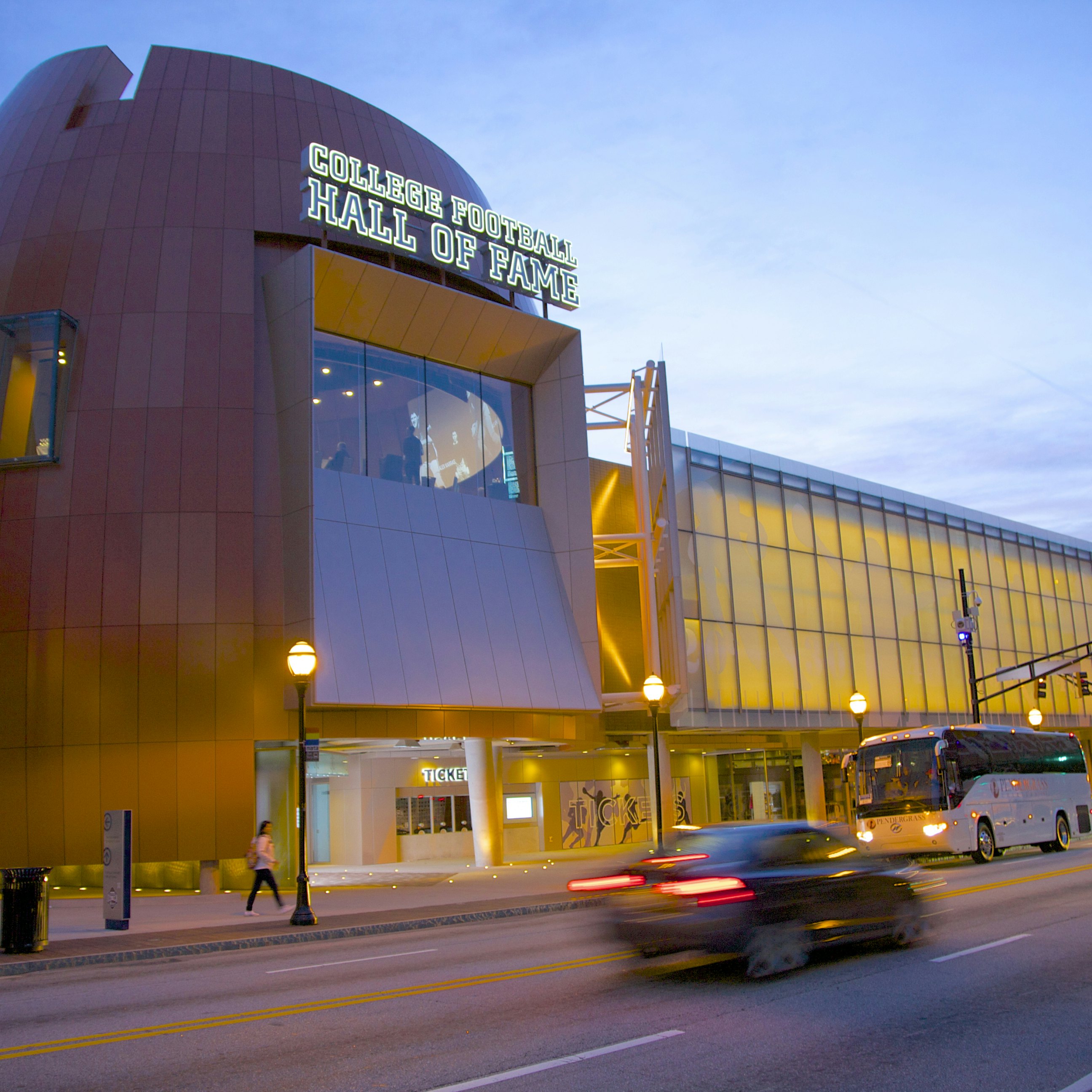 Dusk view of new College Football Hall of Fame, Atlanta, Fulton County, Georgia, USA, Opened in August 2014, it is a 94,256 square feet (8,756.7 m2) attraction in Atlanta???s sports, entertainment and tourism district, Architects: TVS design