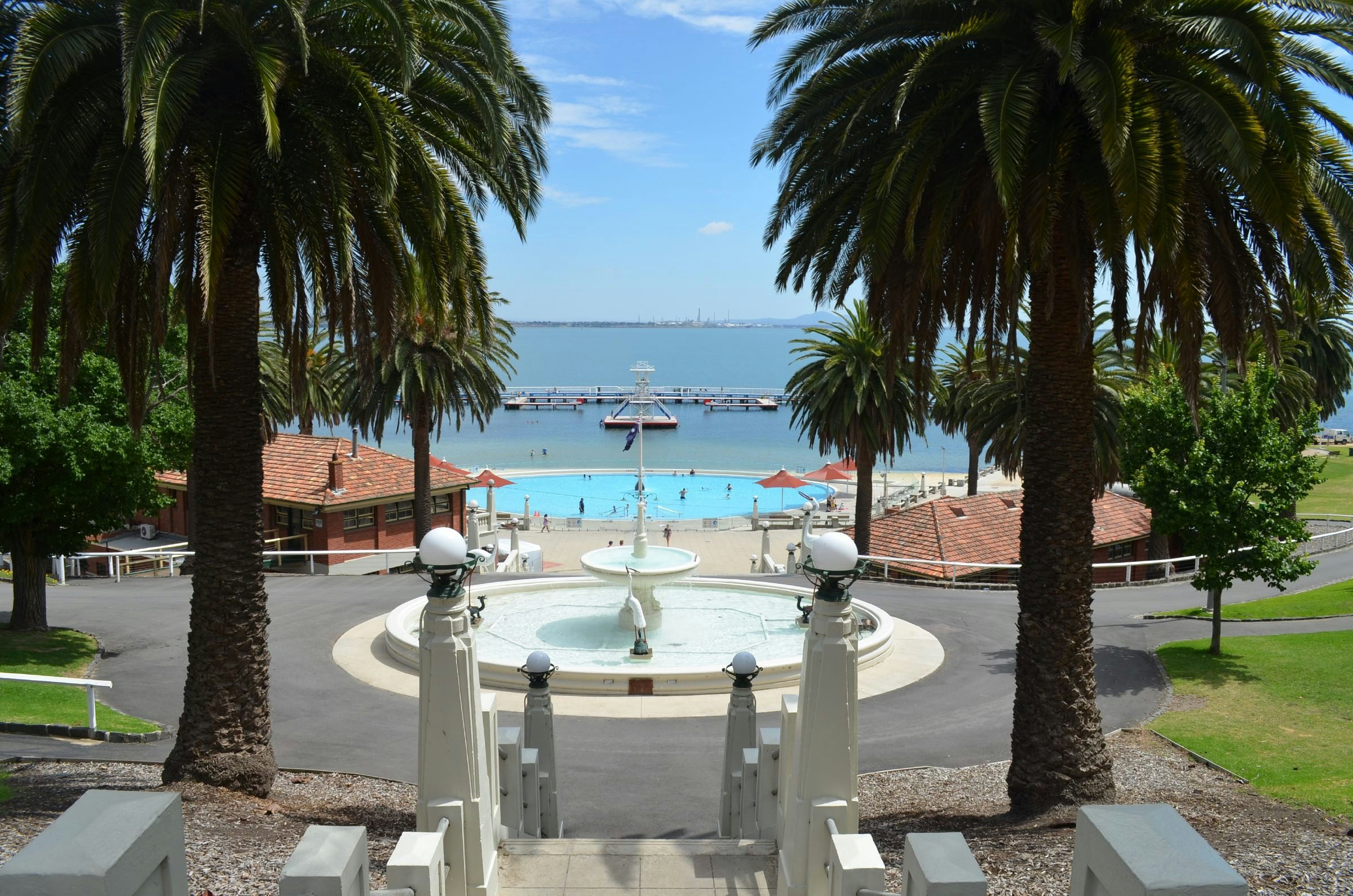 Looking down the stairs toward Eastern Beach children's pool and art deco bathing pavilion