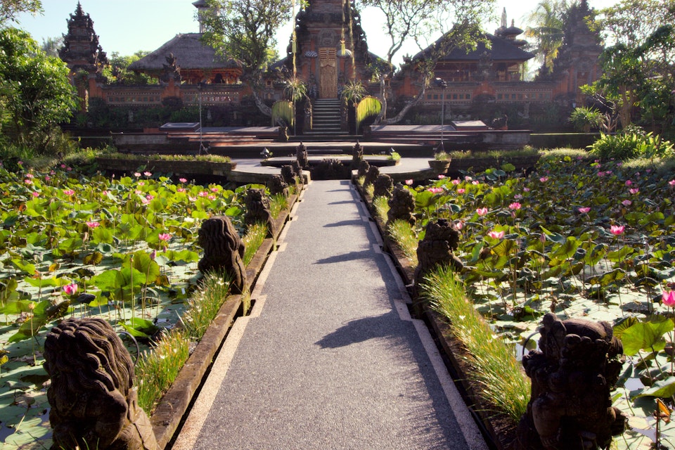 Ubud Water Palace (Pura Taman Saraswati) with lily pond in foreground.