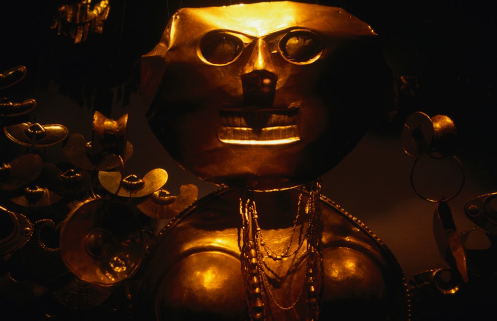 Gold sculpture on display at the Museo del Oro (Gold Museum), which exhibits gold pieces from all the major pre-Columbian cultures in Colombia.