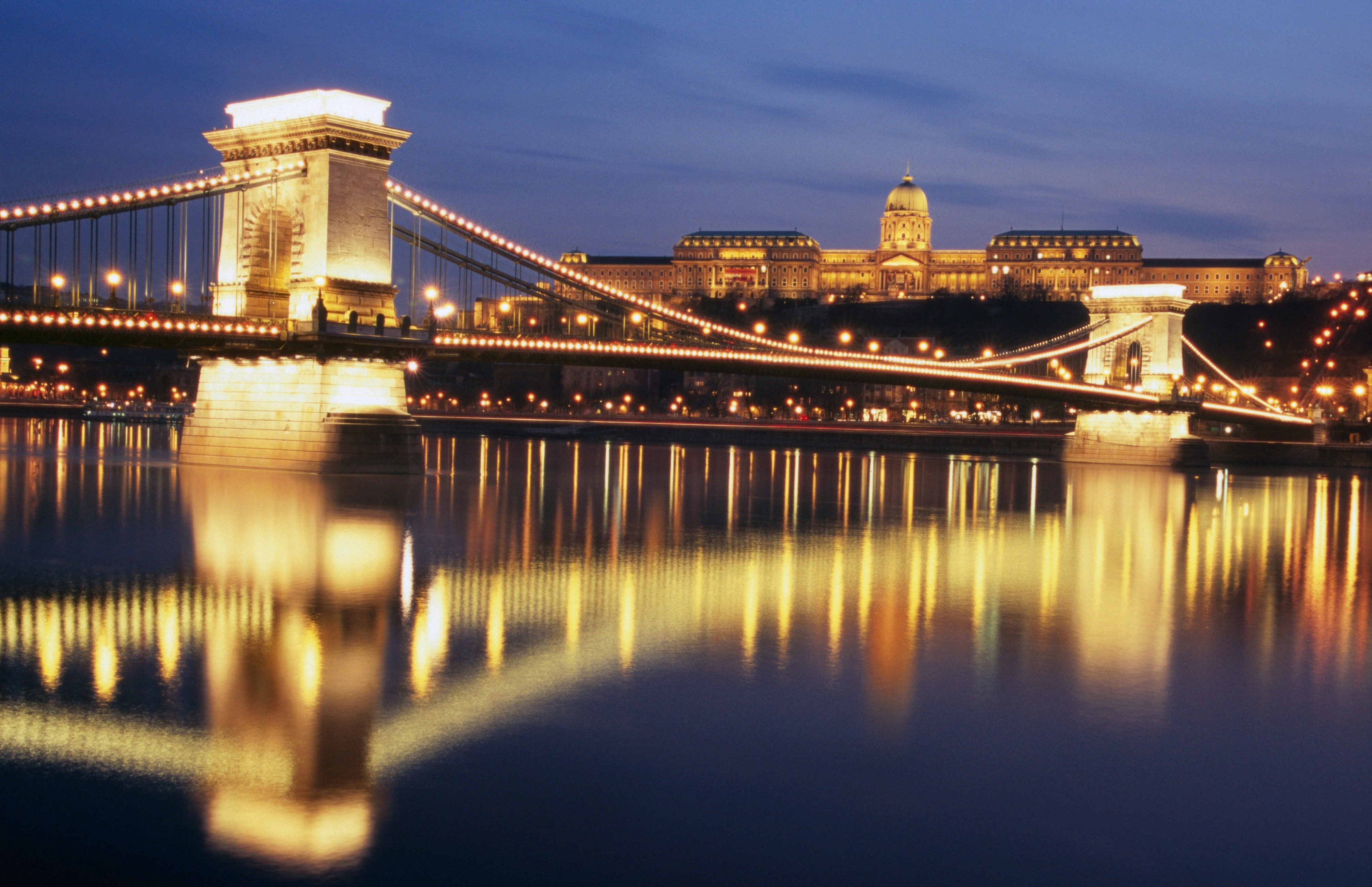 Szechenyi Bridge and Castle Hill at twilight.