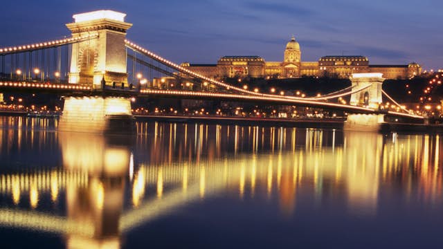 Szechenyi Bridge and Castle Hill at twilight.