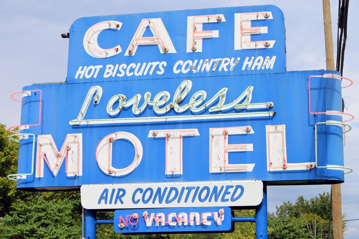 NASHVILLE, TN-AUGUST, 2015: Sign for the Loveless Cafe, a Nashville institution that has been featured on Good Morning America and the Food Channel.; Shutterstock ID 315325763; Your name (First / Last): Lauren Gillmore; GL account no.: 56530; Netsuite department name: Online-Design; Full Product or Project name including edition: 65050/ Online Design /LaurenGillmore/POI