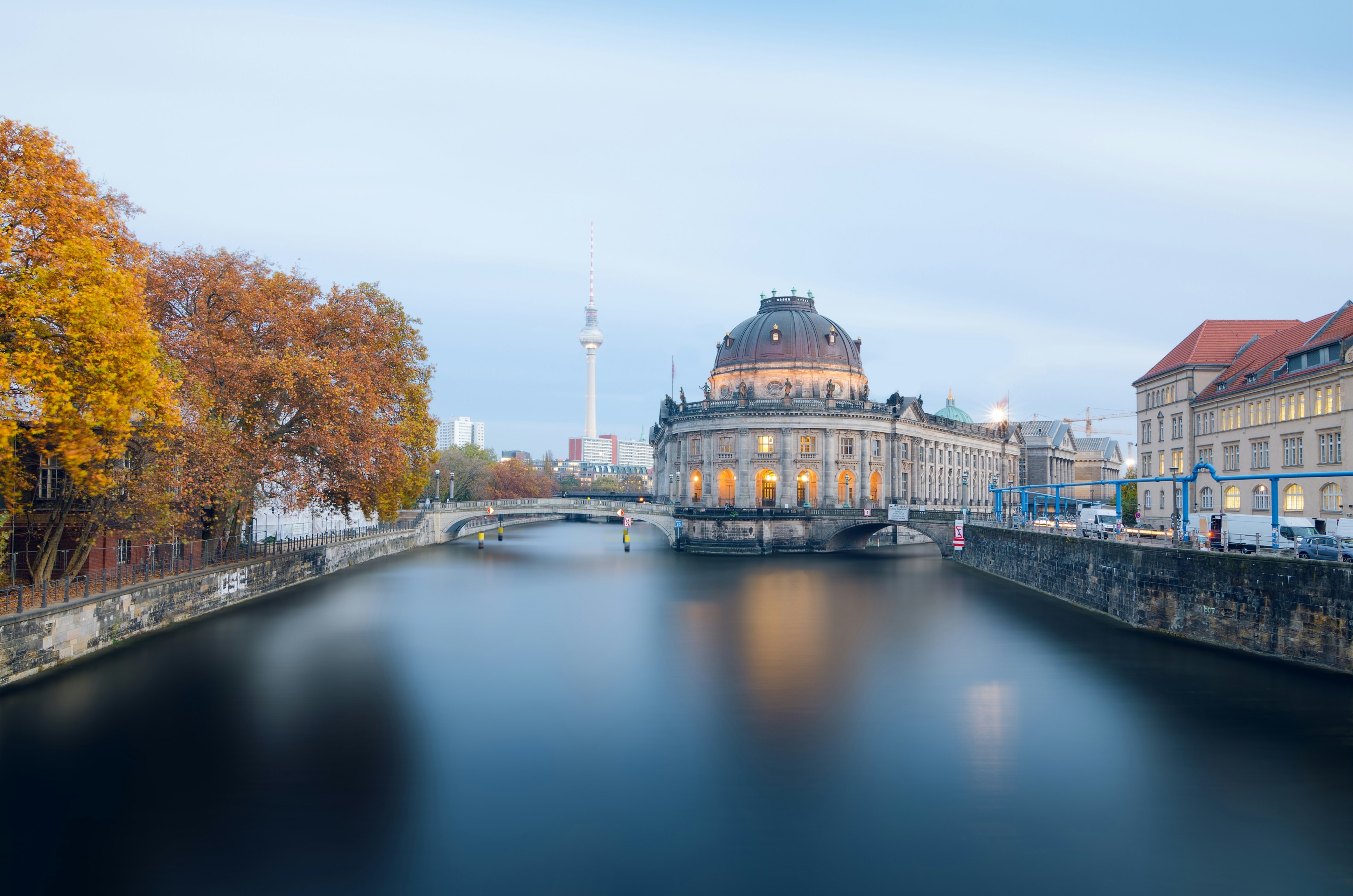 Museum island on Spree river and Alexanderplatz TV tower in center of Berlin, Germany