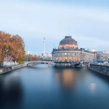 Museum island on Spree river and Alexanderplatz TV tower in center of Berlin, Germany