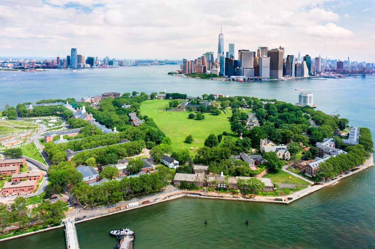 View of Governors Island and Manhattan from air