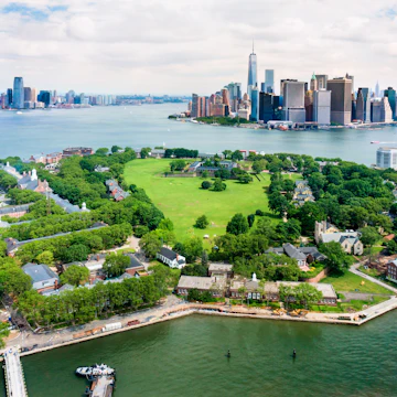 View of Governors Island and Manhattan from air