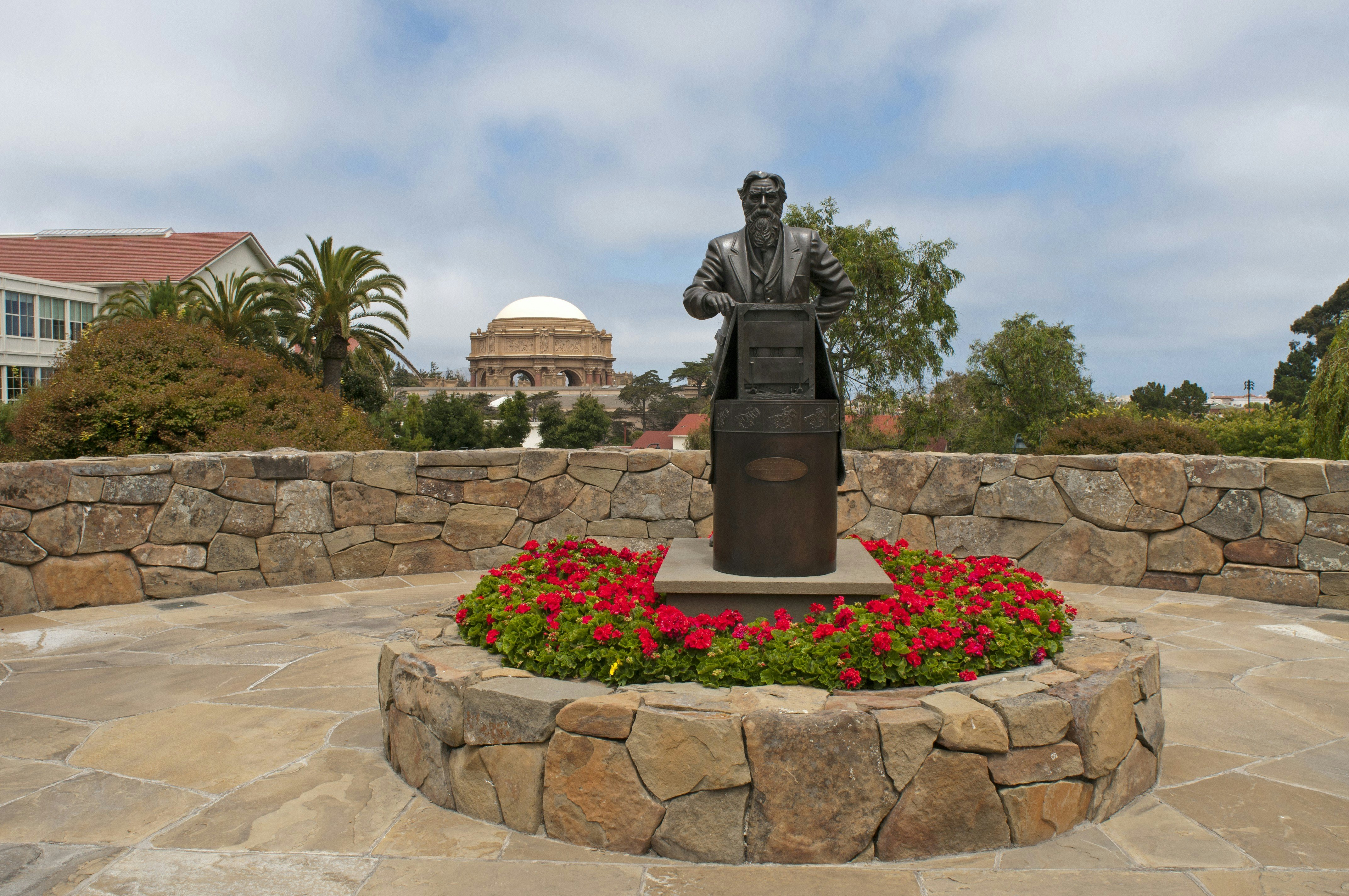 Eadweard Muybridge statue and Palace of Fine Arts from Letterman Digital Arts Center.